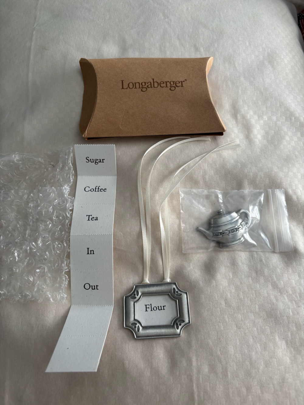 Longaberger silver pantry label set in box and cream ribbons. Teapot magnet.